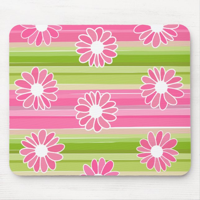 Mousepad Flores verdes e cor-de-rosa com tiras (Frente)