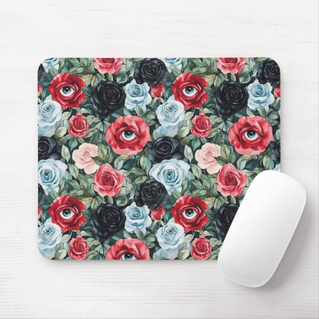 Mousepad Flores Vermelhas Azuis Pretas com Olhos (Com mouse)
