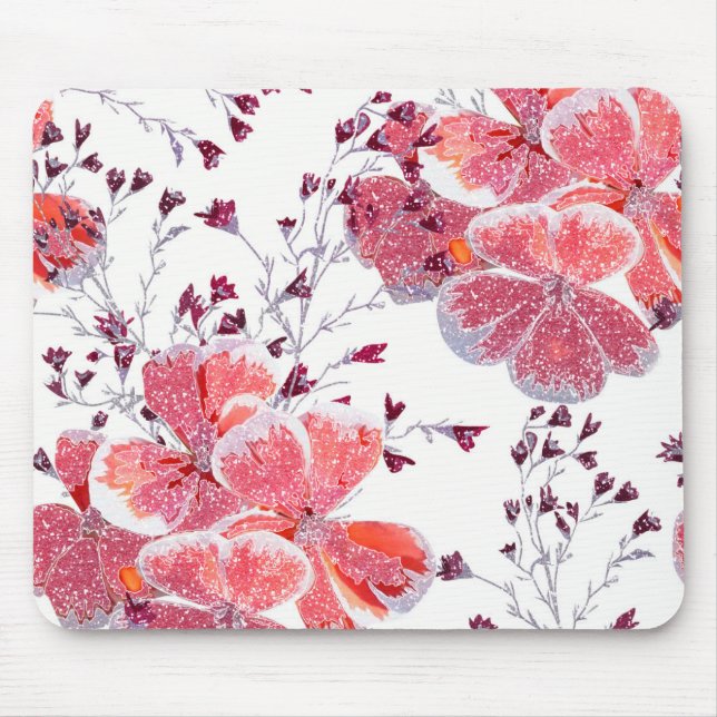 Mousepad Flores vermelhas cor-de-rosa em branco. (Frente)