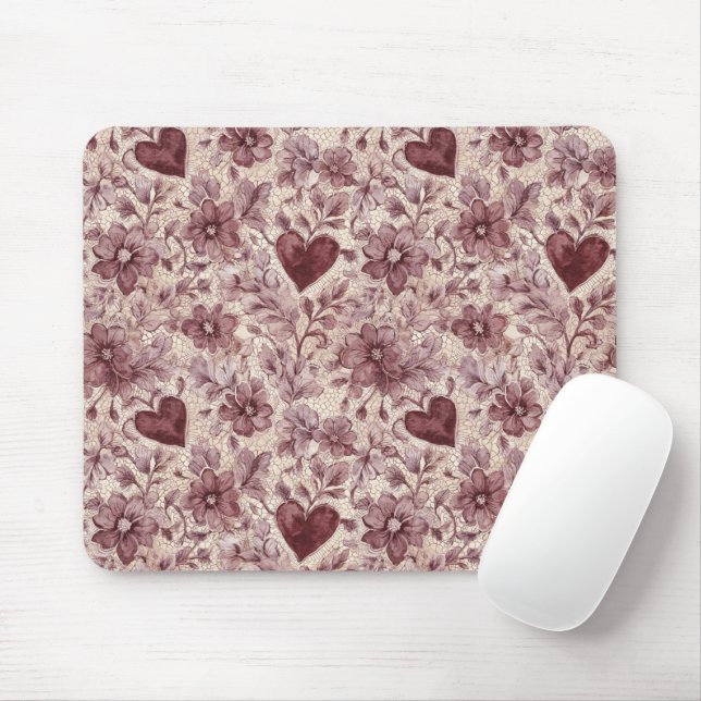 Mousepad Flores Vermelhas Corações Burgundy Creme (Com mouse)