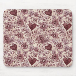 Mousepad Flores Vermelhas Corações Burgundy Creme