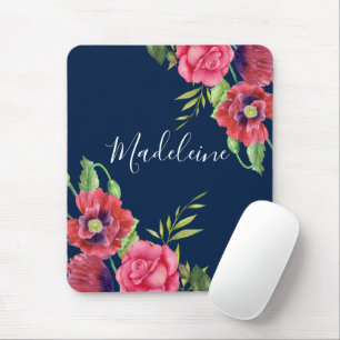 Mousepad Flores Vermelhas e Rosa Monograma Azul Marinho Esc