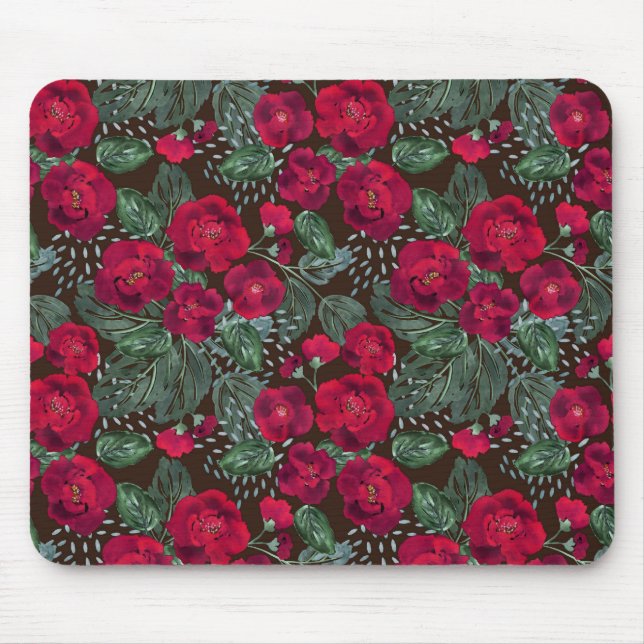 Mousepad Flores vermelhas, padrão floral de aquarela. (Frente)