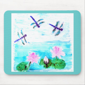 Mousepad Flores Waterlily pintando com Dragonfly
