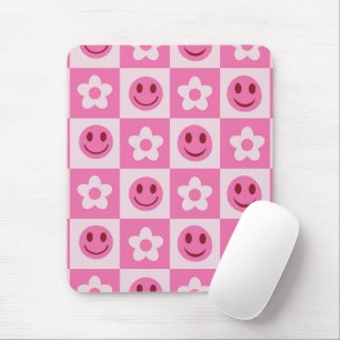 Mousepad Flores xadrez e rostos felizes rosa