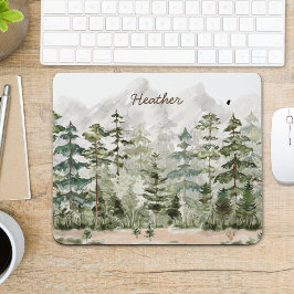 Mousepad Floresta de Pinheiros Verde Aquarela na Montanha