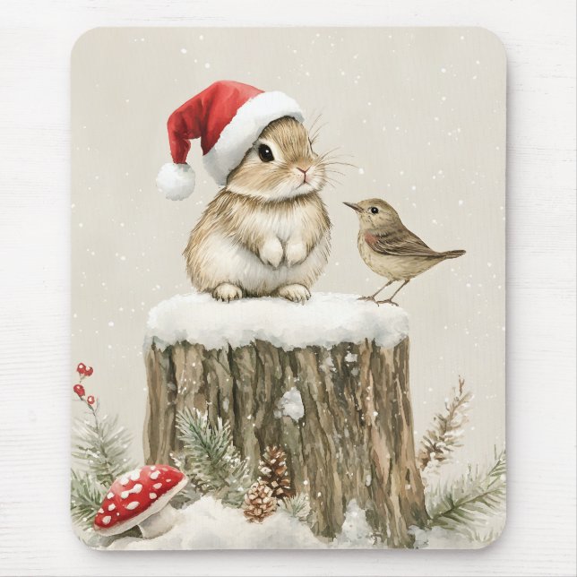 Mousepad Floresta Nevada Inverno Bosque Natal Coelho Passar (Frente)
