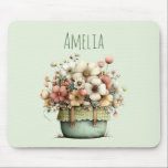 Mousepad Flowers in a Pot Cozy Shabby Cute<br><div class="desc">Mouse pad with a whimsical stylish pot of flowers. Green,  pink and cream colors. Set in a green pot with a plaid cloth. Shabby vintage vibe.</div>