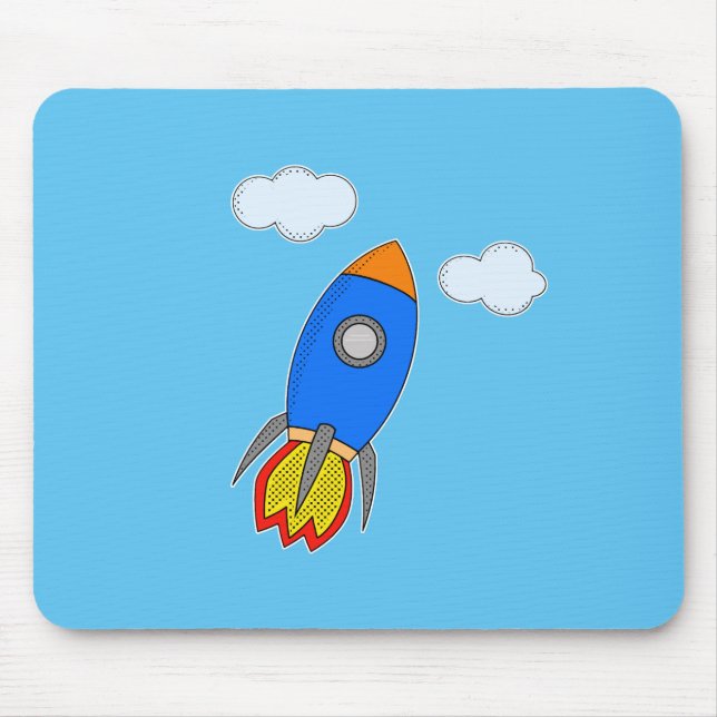 Mousepad Foguete Espacial do Cartoon no Céu Azul (Frente)