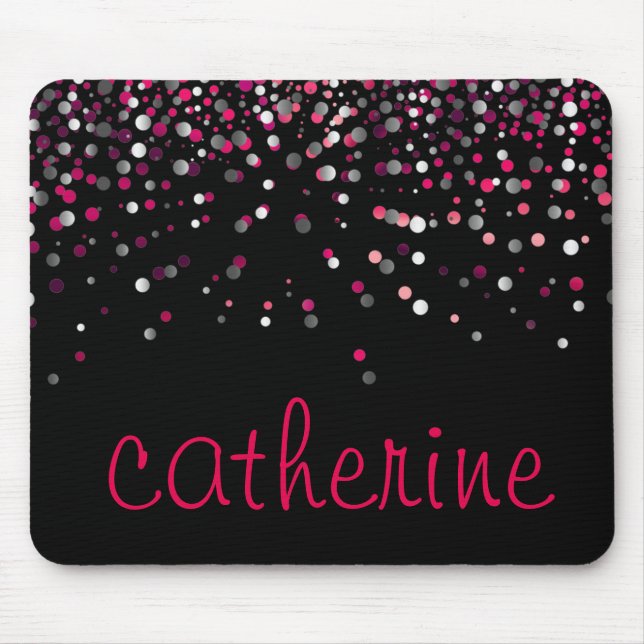 Mousepad Foil Preta, Brilhante, Rosa Confetti, Glitter (Frente)