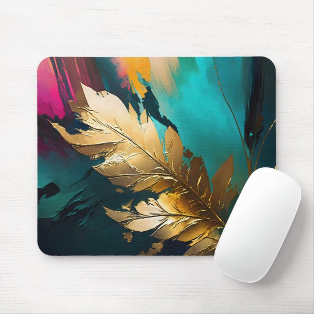 Mousepad Folha Dourada – Arte Botânica Moderna Abstrata (Com mouse)