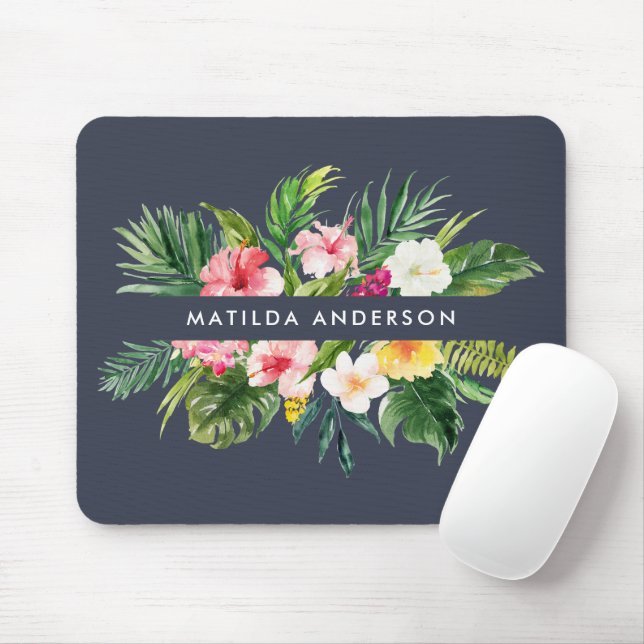 Mousepad Folhagem moderna azul-marinho botânico tropical (Com mouse)