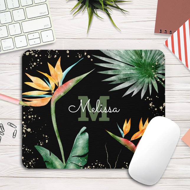 Mousepad Folhagem tropical Palm Monograma Script Dourado Pr (Criador carregado)