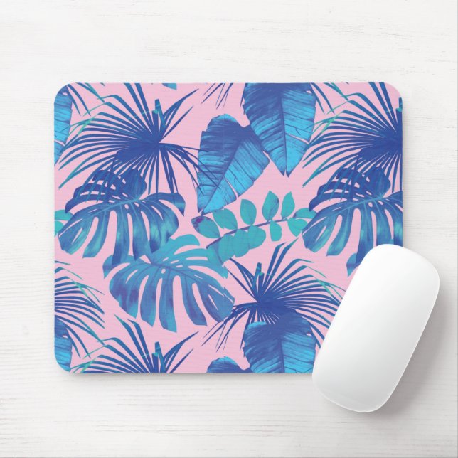 Mousepad Folhagem tropical rosa e azul personalizada (Com mouse)