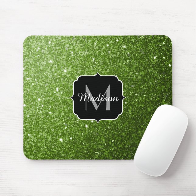 Mousepad Folhagem verde clara brilho faíscas Monograma (Com mouse)
