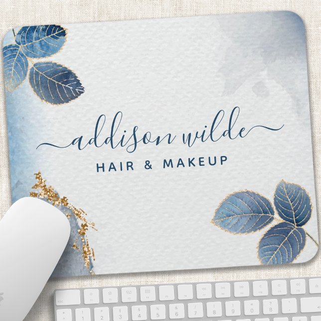 Mousepad Folhas Botânicas Abstratas em Aquarela Azul Dourad (Criador carregado)