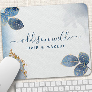 Mousepad Folhas Botânicas de Aquarela Azul Dourado Abstrato
