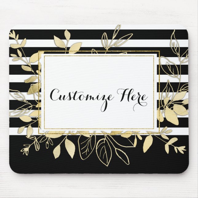Mousepad Folhas Botânicas Modernas em Ouro Preto Glamour Ch (Frente)