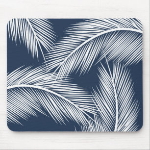 Mousepad Folhas brancas de palma sobre fundo azul escuro