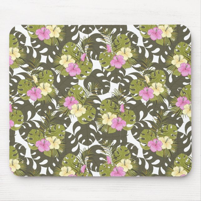Mousepad Folhas da Selva Tropical e Padrão de Hibisco (Frente)