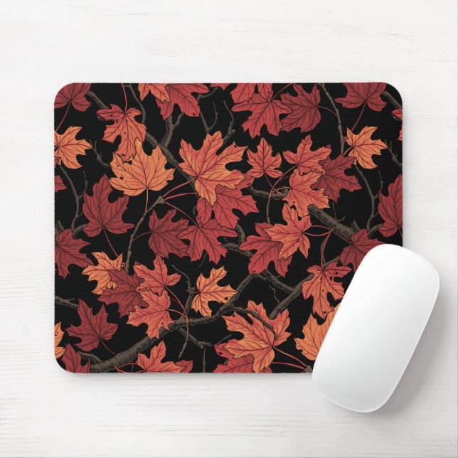 Mousepad Folhas de bordo de outono vermelhas sobre preto (Com mouse)