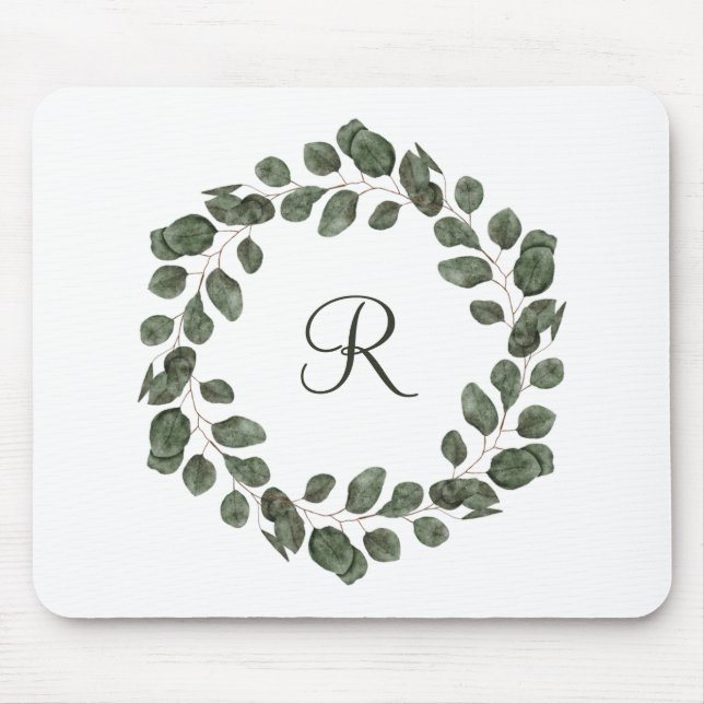 Mousepad Folhas de Eucalipto Monograma Elegante Moderno  (Frente)