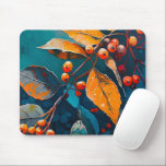 Mousepad Folhas de floresta em queda. Amoreira floral natur<br><div class="desc">Folhas de floresta caídas e o recheio de morango. Óleo floral abstrato moderno de outono pintado com cores azuis cor de laranja vermelho.</div>