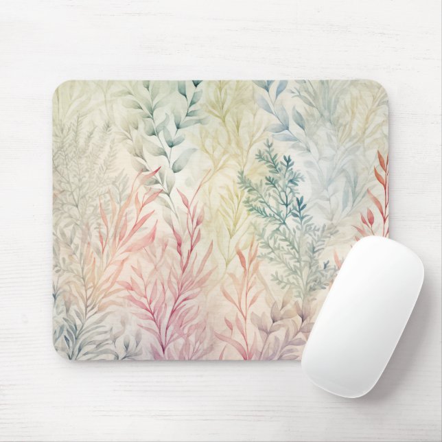Mousepad Folhas de Folhagem Pastel em Aquarela   (Com mouse)