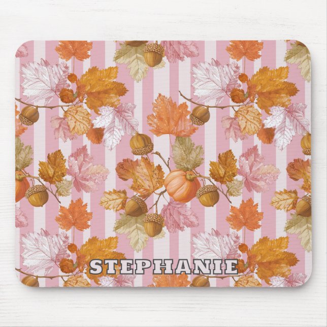 Mousepad Folhas de outono rosa e Padrão de Bolotas - Queda (Frente)