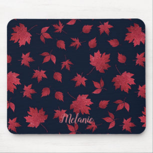 Mousepad Folhas de Outono Vermelhas Elegantes em Preto Pers