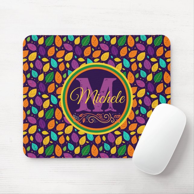 Mousepad Folhas de outono vibrantes de monograma (Com mouse)
