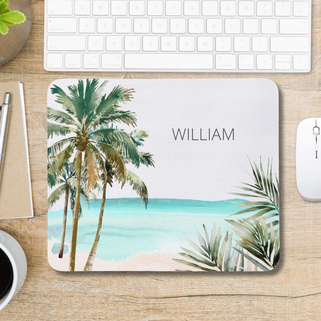 Mousepad Folhas de Palmeira Tropical Monogramada Praia Azul (In situ)