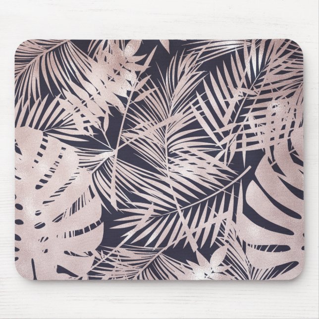 Mousepad Folhas de Palmeira Tropical Rosa Dourado Escuro (Frente)