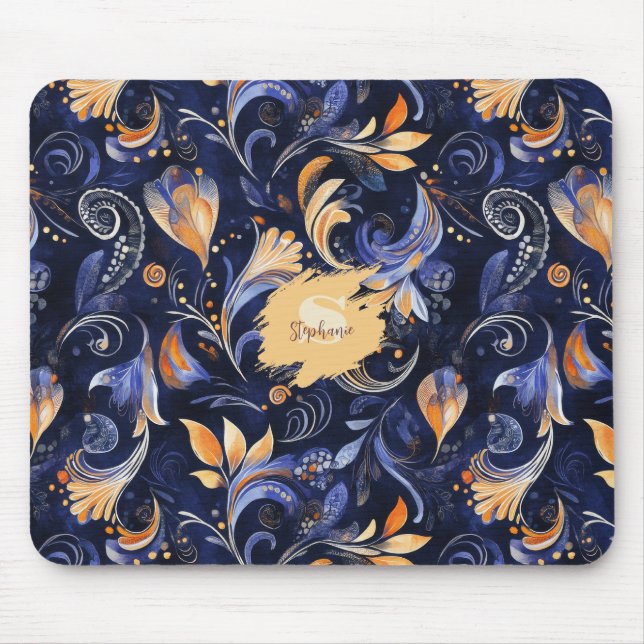 Mousepad Folhas de salsa Abstrato azuis e Douradas (Frente)