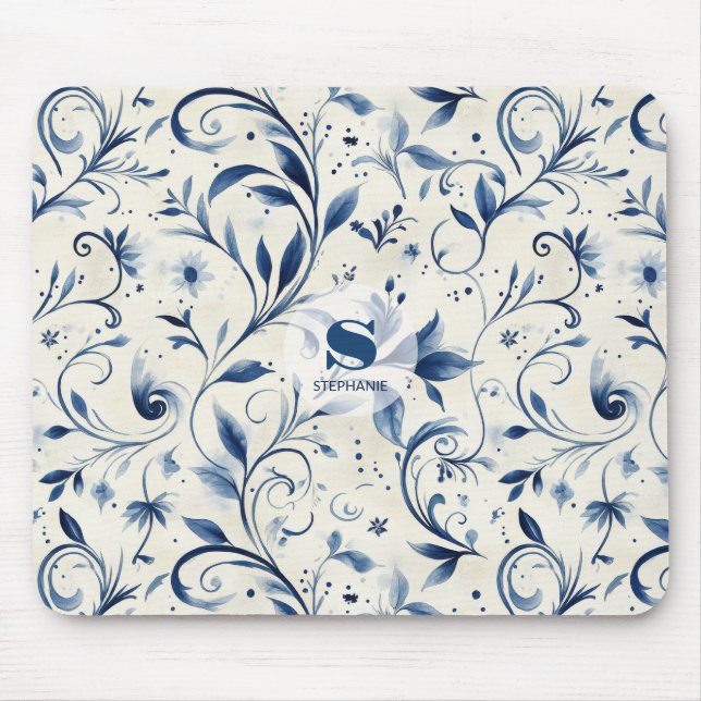Mousepad Folhas de salsa azul Elegante - Fundo branco (2) (Frente)