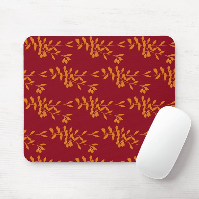 Mousepad Folhas do ramo da silhueta laranja em vermelho (Com mouse)