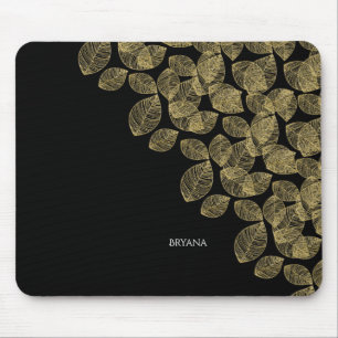Mousepad Folhas Douradas Elegância Outonal Preta