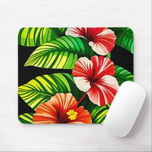 Mousepad Folhas Tropicais Coloridas e Flores de Hibisco