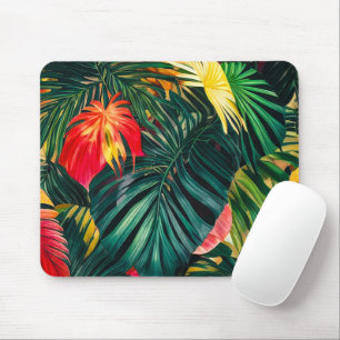 Mousepad Folhas Tropicais Coloridas e Flores de Hibisco