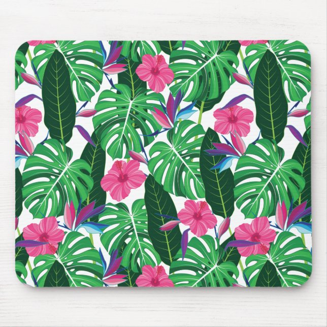 Mousepad Folhas tropicais coloridas e flores na selva (Frente)