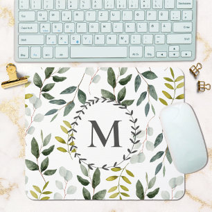 Mousepad Folhas Tropicais de Eucalipto Verde Monogramadas
