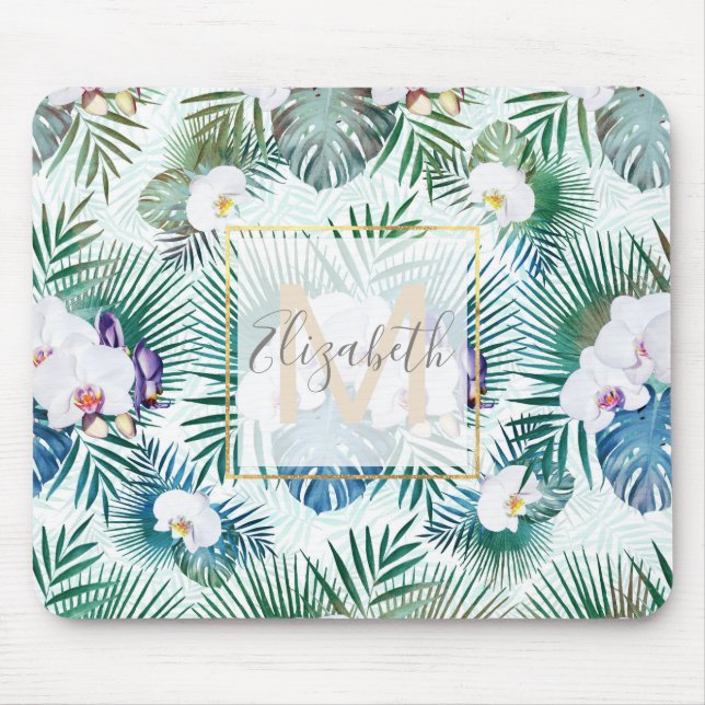 Mousepad Folhas tropicais e flores de orquídea design (Frente)