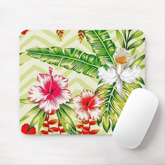 Mousepad Folhas Tropicais Elegantes e Flores de Hibisco | (Com mouse)