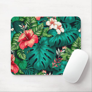 Mousepad Folhas Tropicais Elegantes e Flores de Hibisco  