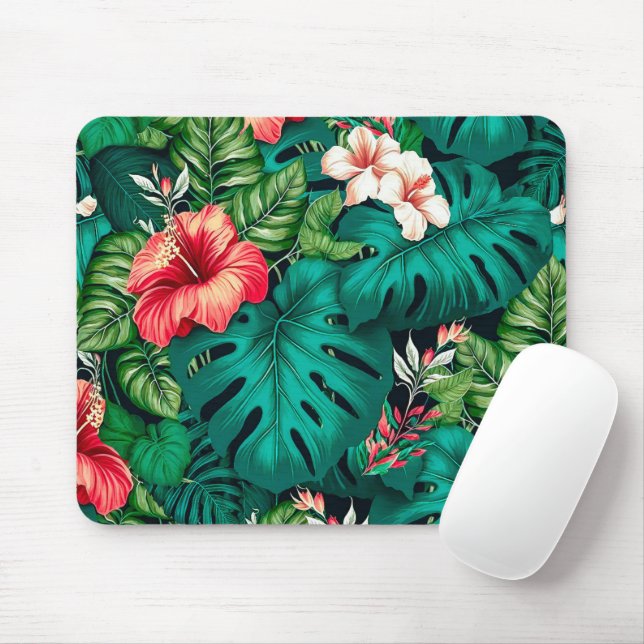 Mousepad Folhas Tropicais Elegantes e Flores de Hibisco | (Com mouse)