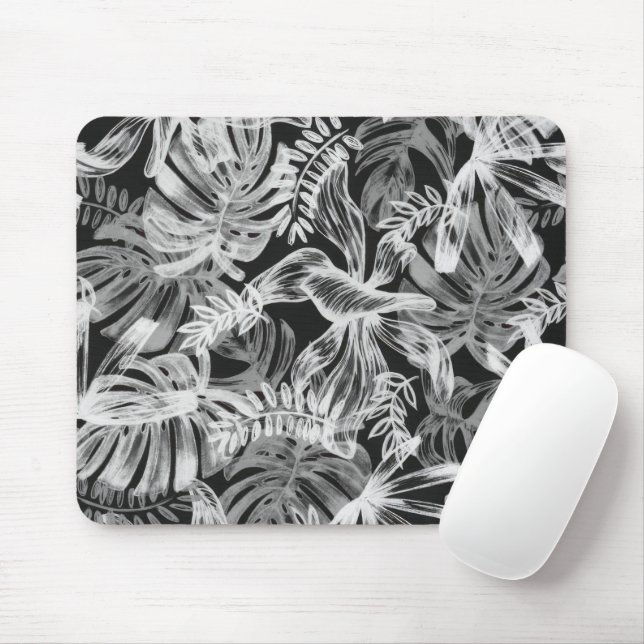 Mousepad Folhas Tropicais Pretas e Brancas (Com mouse)