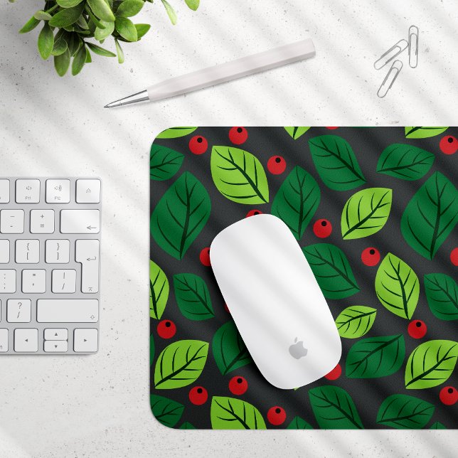Mousepad Folhas Verdes, Berries Vermelhos, Padrão De Folhas (Criador carregado)