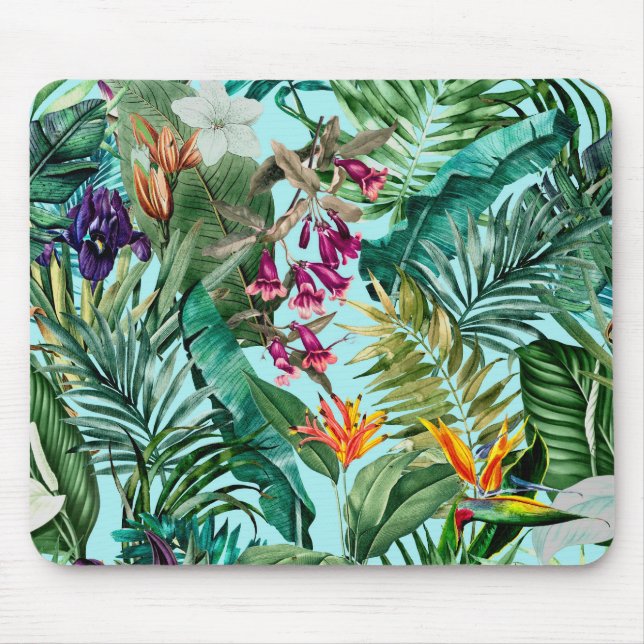 Mousepad Folhas verdes tropicais Elegante padrão aqua flora (Frente)