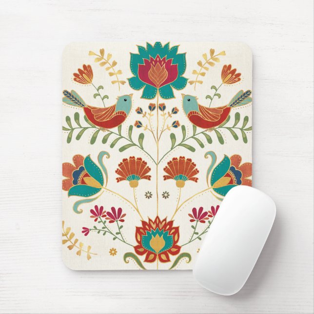 Mousepad Folk Floral com Aves (Com mouse)