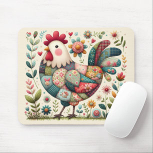 Mousepad Folk Patchwork Rooster com Acentos Florais
